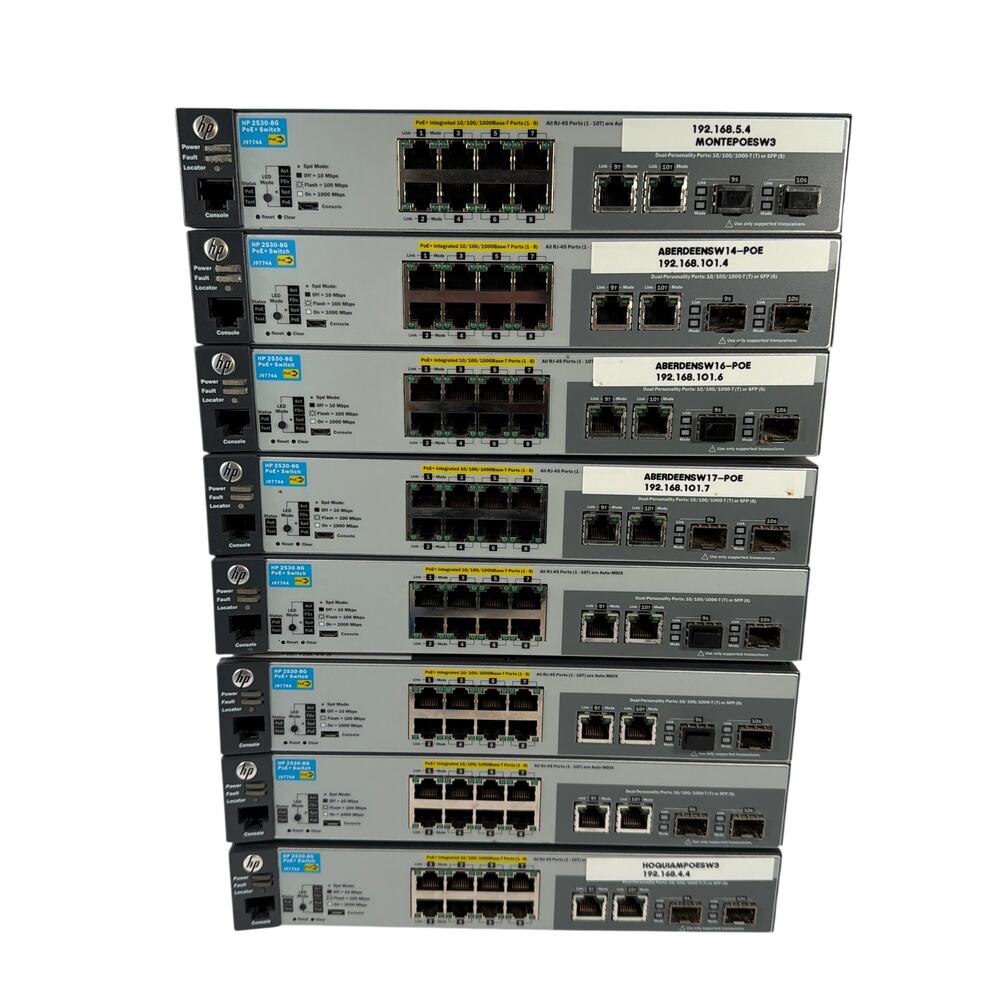 Lot of 8 HP 2530-8G PoE+ Switch J9774A Untested For Parts